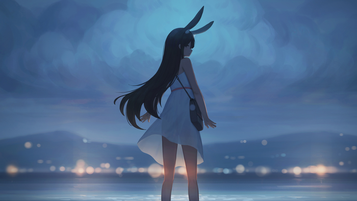 bunny girl, cityscape, bunny ears, anime, anime girls, animal ears, dress, Yao Ren Gui, white dress, brunette, artwork