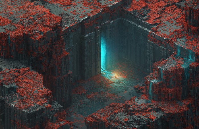 temple, Mari K, isometric, ruins, voxels, digital