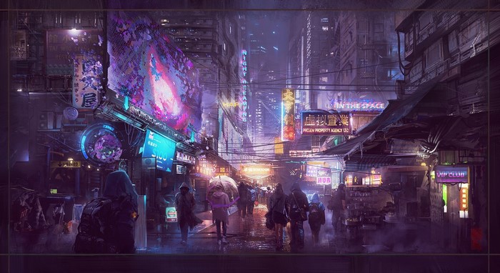 rain, Donglu Yu, cyberpunk, neon
