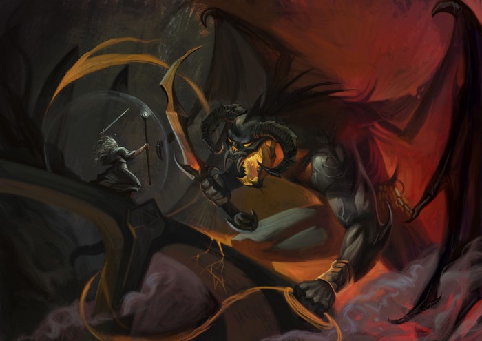 J. R. R. Tolkien, Khazad Dum, Gandalf, artwork, The Lord of the Rings, Moria, fantasy art, Balrog