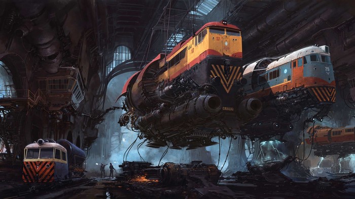 Science Fiction Trains in Industrial Hangar