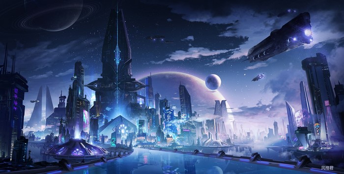 spaceship, fantasy city, landscape, fantasy art, Jun Zhang, digital art, science fiction, futuristic city