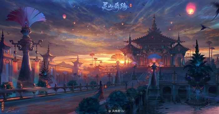 birds, Jun Zhang, sunrise, landscape, digital art, sunset, fantasy art, Asian architecture