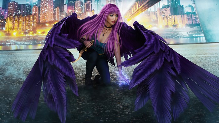 fantasy art, dagger, long hair, pink hair, women, necklace, Asian, fantasy girl, wings