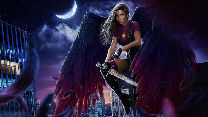 Moon, Dark Angel, necklace, brunette, weapon, fantasy girl, fantasy art, sword, wings, girls with swords, women, long hair