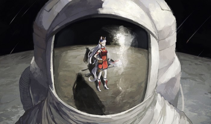 anime girls, white legwear, purple eyes, reflection, bangs, anime, long hair, Uma Musume Pretty Derby, artwork, silver hair, POV, 2D, thighs, hat, white gloves, Gold Ship (Uma Musume), tail, looking at viewer, red dress, standing, smiling, animal ears, fan art, astronaut, white boots, Moon, horse girls, spacesuit, space, flag