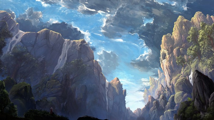 surreal, cliff dwellings, landscape, Max Suleimanov, clouds, trees, digital art, waterfall