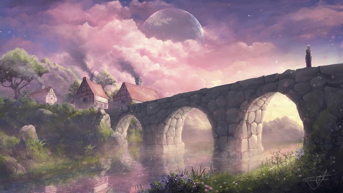 bridge, village, landscape, pink, cottage, digital art, planet, clouds, Max Suleimanov, trees