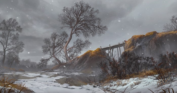 ice, clouds, digital art, snow, winter, landscape, dead trees, Max Suleimanov