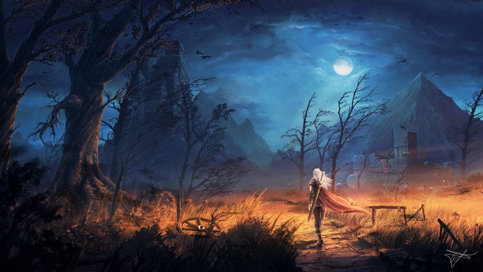 digital art, night, trees, Moon, Max Suleimanov, city, landscape, mountains, birds