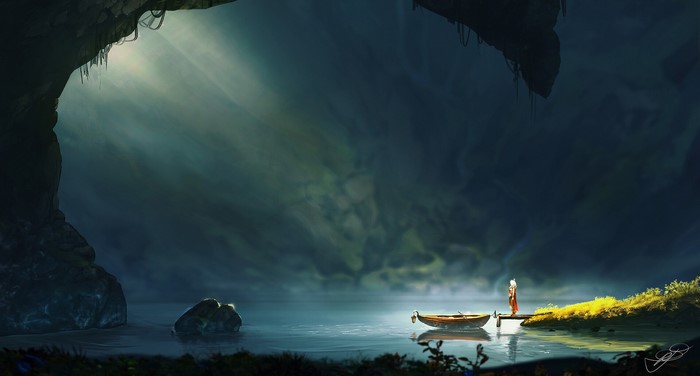 boat, dock, digital art, Max Suleimanov, landscape