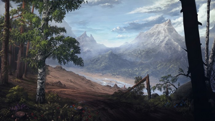 mountains, birch, Max Suleimanov, clouds, valley, trees, river, landscape, flowers, digital art