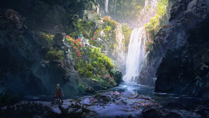 landscape, waterfall, digital art, Max Suleimanov, flowers, spring