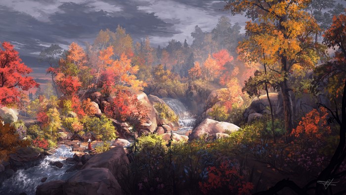red, orange, fall, landscape, Max Suleimanov, digital art, trees, forest, river