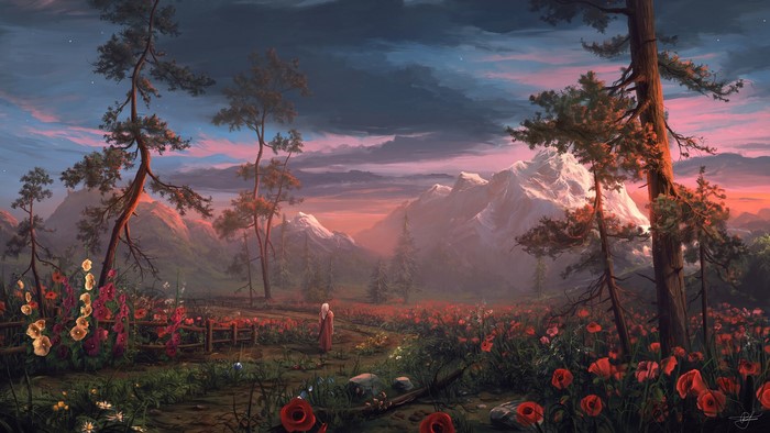 poppies, clouds, mountains, trees, landscape, Max Suleimanov, digital art