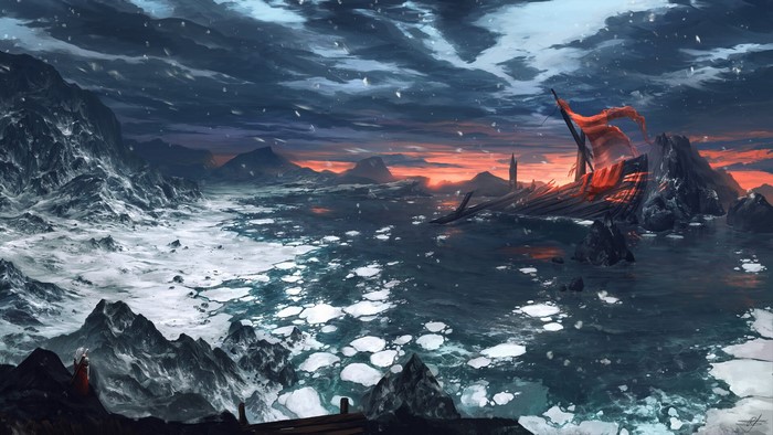 Max Suleimanov, snow, winter, sunrise, sunset, digital art, landscape, water