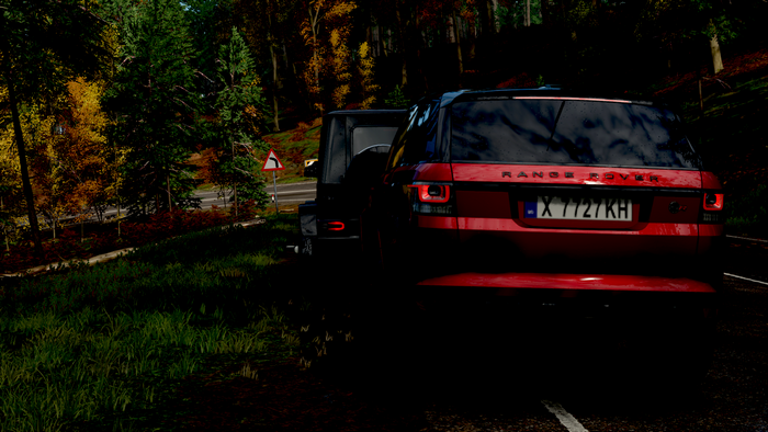 Forza Horizon 4, luxury cars, video games, vehicle, Forza, rear view, Turn, Land Rover, car, G 65, G Class, Range Rover Sport, Mercedes-Benz G-Class