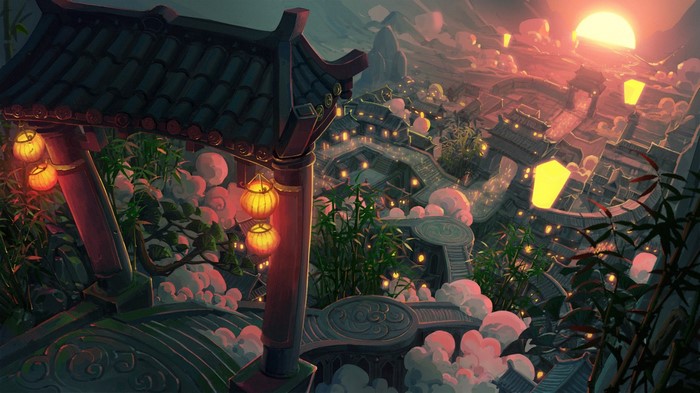 Asian architecture, Lei Min, fantasy art, landscape, sunset, digital art