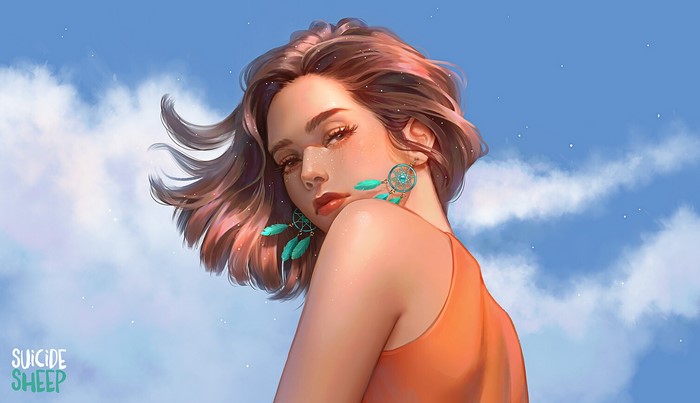 Suicide Sheep, red lipstick, looking at viewer, artwork, brown eyes, 2D, from behind, bare shoulders, women, clouds, brunette, Karmen Loh