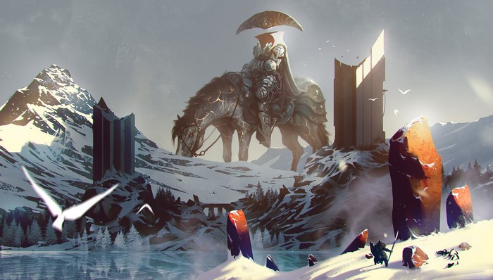 horse, ruins, ömer tunç, snow, mountains, giant