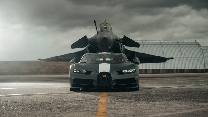 Bugatti Chiron and Dassault Rafale on Airstrip