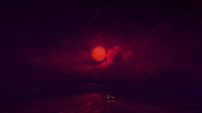 BisBiswas, red moon, clouds, digital painting, night, sky