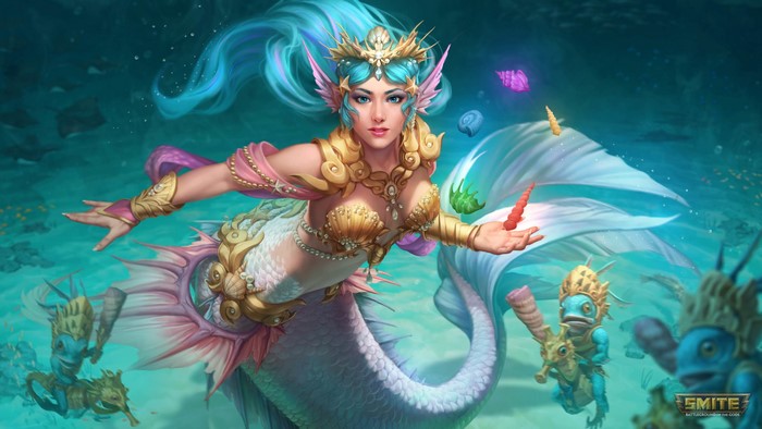 video game art, Nu Wa (Smite), aqua eyes, Smite, aqua hair, video game girls, PC gaming, underwater, fantasy girl, fantasy art