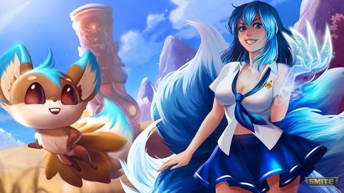 4K, Da Ji (Smite), Smite, video game art, PC gaming, video game girls, cleavage, miniskirt, blue hair, red lipstick
