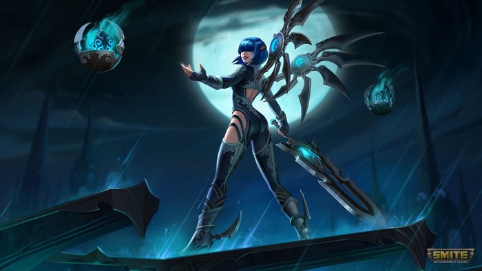 4K, fantasy girl, Nemesis (Smite), rain, women, Smite, fantasy art, Moon, PC gaming, girls with swords, sword, blue hair