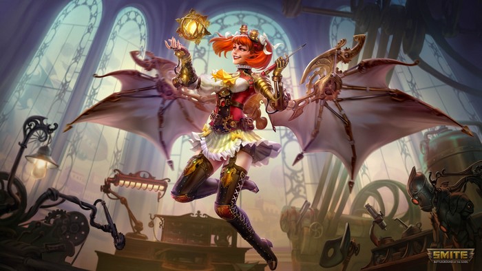 4K, smiling, PC gaming, Smite, fantasy art, fantasy girl, video game girls, video game art, redhead, Discordia (Smite)