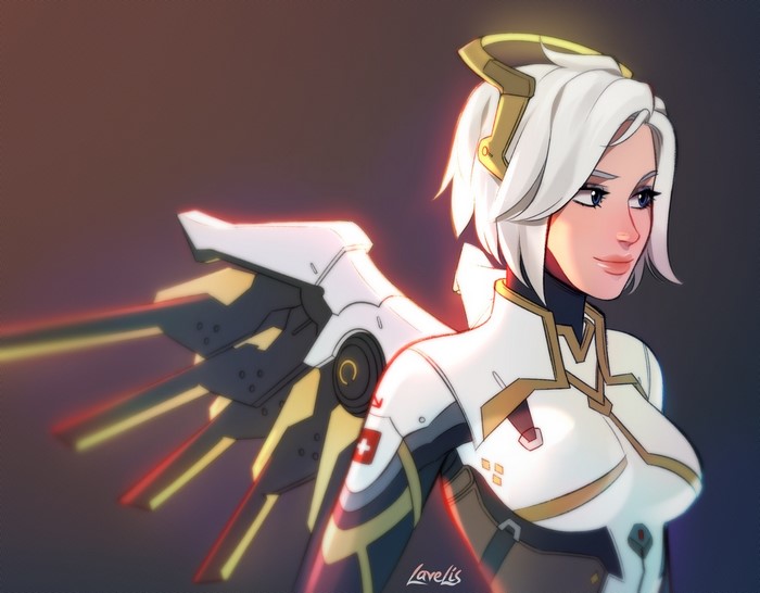 LaveLis, women, digital art, blue eyes, Blizzard Entertainment, Overwatch, artwork, video game characters, Mercy (Overwatch), illustration, video game girls, white hair, fan art, wings