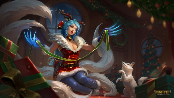4K, Da Ji (Smite), cleavage, Smite, fantasy girl, Christmas, Christmas presents, video game girls, fantasy art, blue hair, PC gaming, video game art, legs together