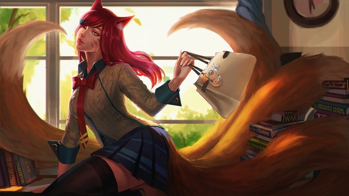 League of Legends, school, redhead, wink, fox ears, Ahri (League of Legends), skirt, school uniform, fox tail, yellow eyes