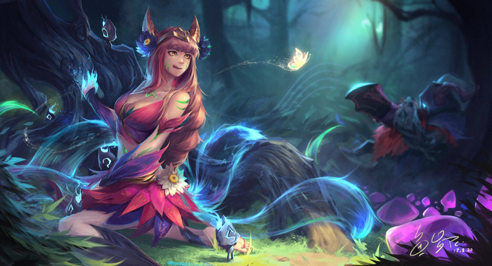 League of Legends, PC gaming, fantasy art, long hair, Ahri (League of Legends), yellow eyes, fantasy girl, video game girls, video game art