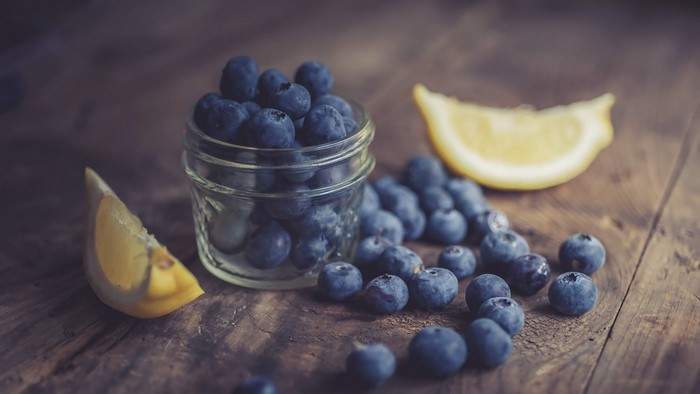 blueberries, food, fruit, jar, berries, wooden surface, lemons