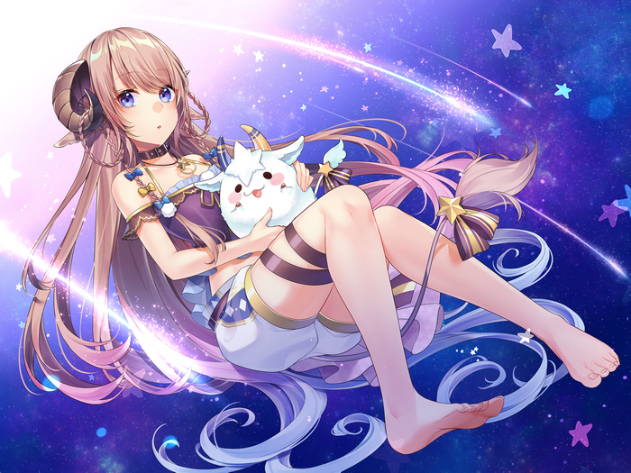 4K, legs, anime girls, Virtual Youtuber, feet, barefoot, animal ears, long hair, Kitazume Kumie, horns, brunette, blue eyes