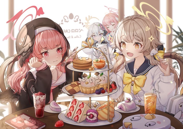 4K, blush, pink eyes, pink hair, blonde, smile, yellow eyes, anime girls, food, blue archive