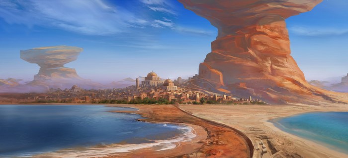clear sky, desert, city, digital art, oasis, Daniele Montella