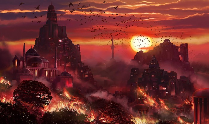 Daniele Montella, digital art, city, burning, sunset, fire
