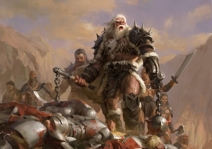 mace, warrior, battle, white beard, artwork, Senfeng Chen, fantasy art