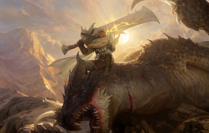 mountains, fantasy art, dragon, dragon slayers, Senfeng Chen, sword