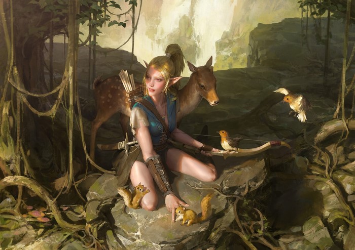 forest, deer, hunter, fantasy art, squirrel, archer, Senfeng Chen, birds, elf  girl