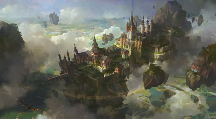 Floating Castle, fantasy city, clouds, fantasy art, city, dragon, fantasy architecture