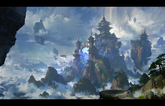 digital art, fantasy art, portal, clouds, fantasy architecture, fantasy city, lok du
