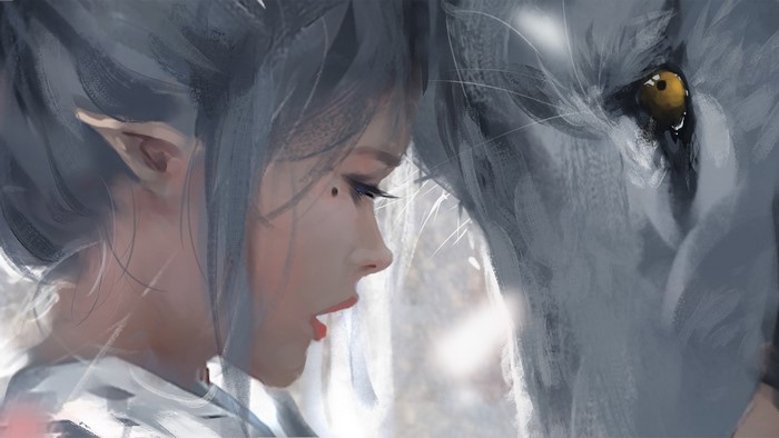 WLOP Artwork Featuring Elf Girl and Wolf