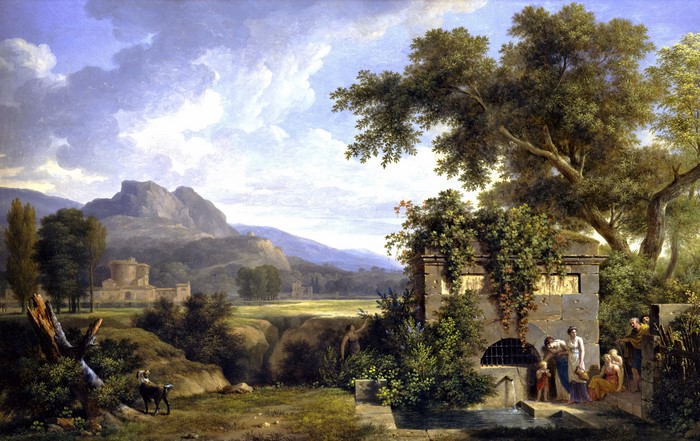4K, painting, fountain, classic art, drinking, fantasy art, landscape, group of people, fantasy architecture, Pierre-Henri de Valenciennes