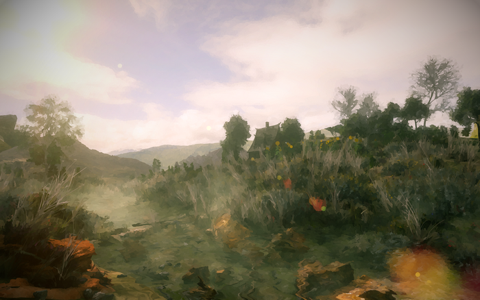 4K, artwork, field, stream, landscape, digital, digital painting, sunflowers