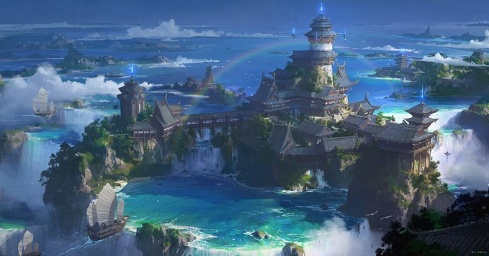 Flying ships, fantasy art, digital art, fantasy architecture, island, chinese classical, lok du, Asian architecture