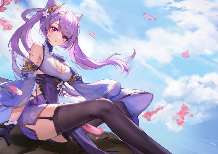 4K, thighs, cleavage, Genshin Impact, stockings, Keqing (Genshin Impact), anime girls