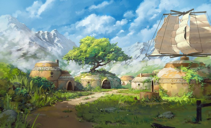 Kaj Driesen, digital art, fantasy art, village, mountains, windmill